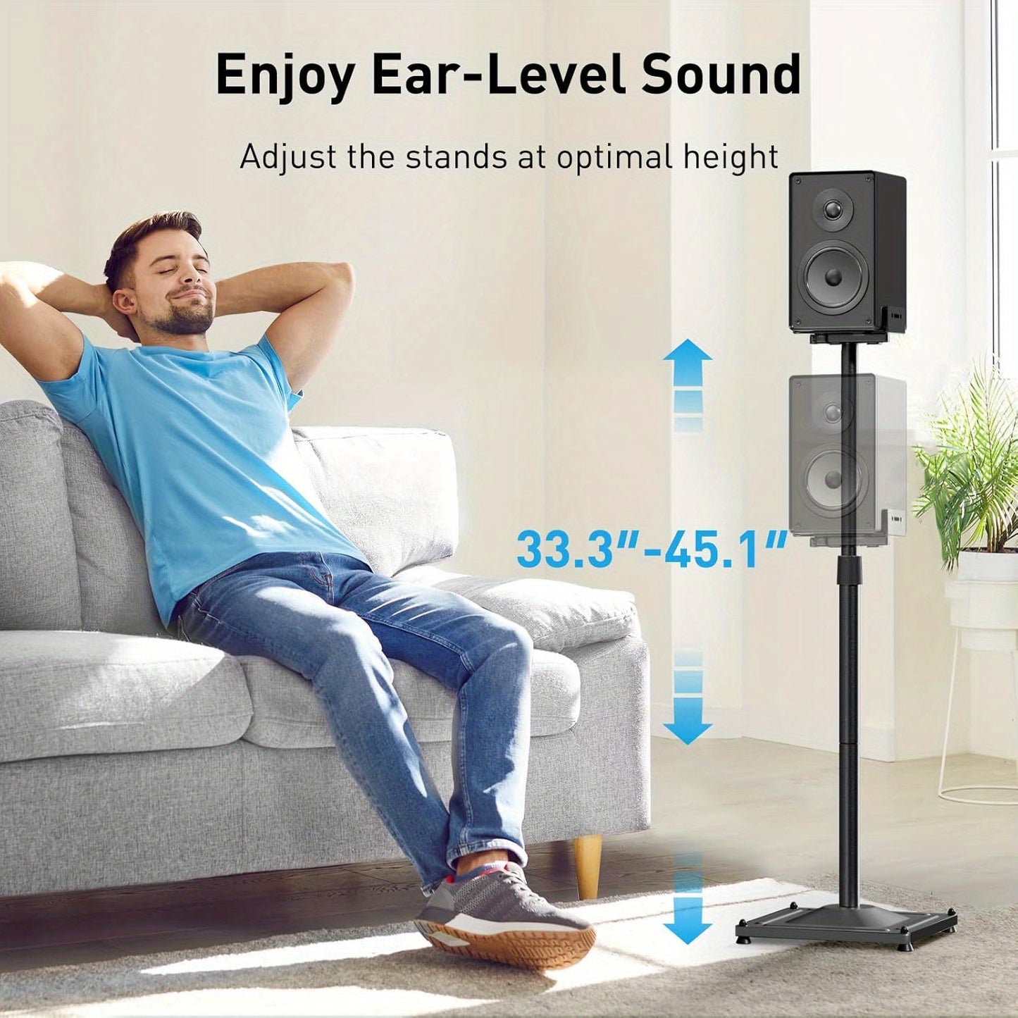 Universal Speaker Stands Height Adjustable Extend 33.3‘’-45.1" Compatible with Satellite Speakers & Bookshelf Speakers up to 11lbs-1 Pair PSSS2 Black