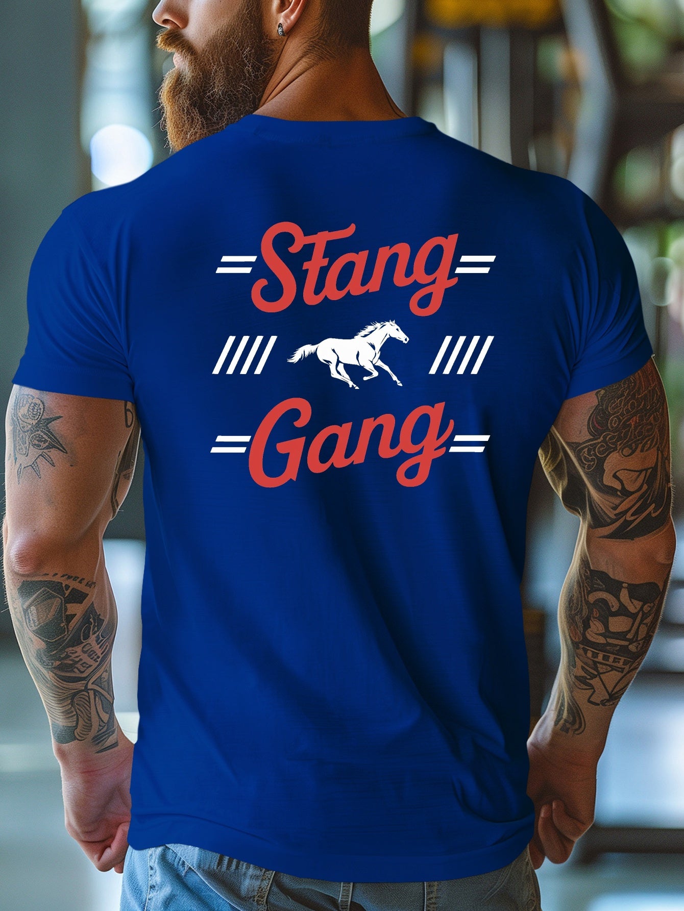 Stang Bar Gang Graphic Tee for Men - Casual Short Sleeve, Breathable Polyester, Summer Fashion T-Shirt