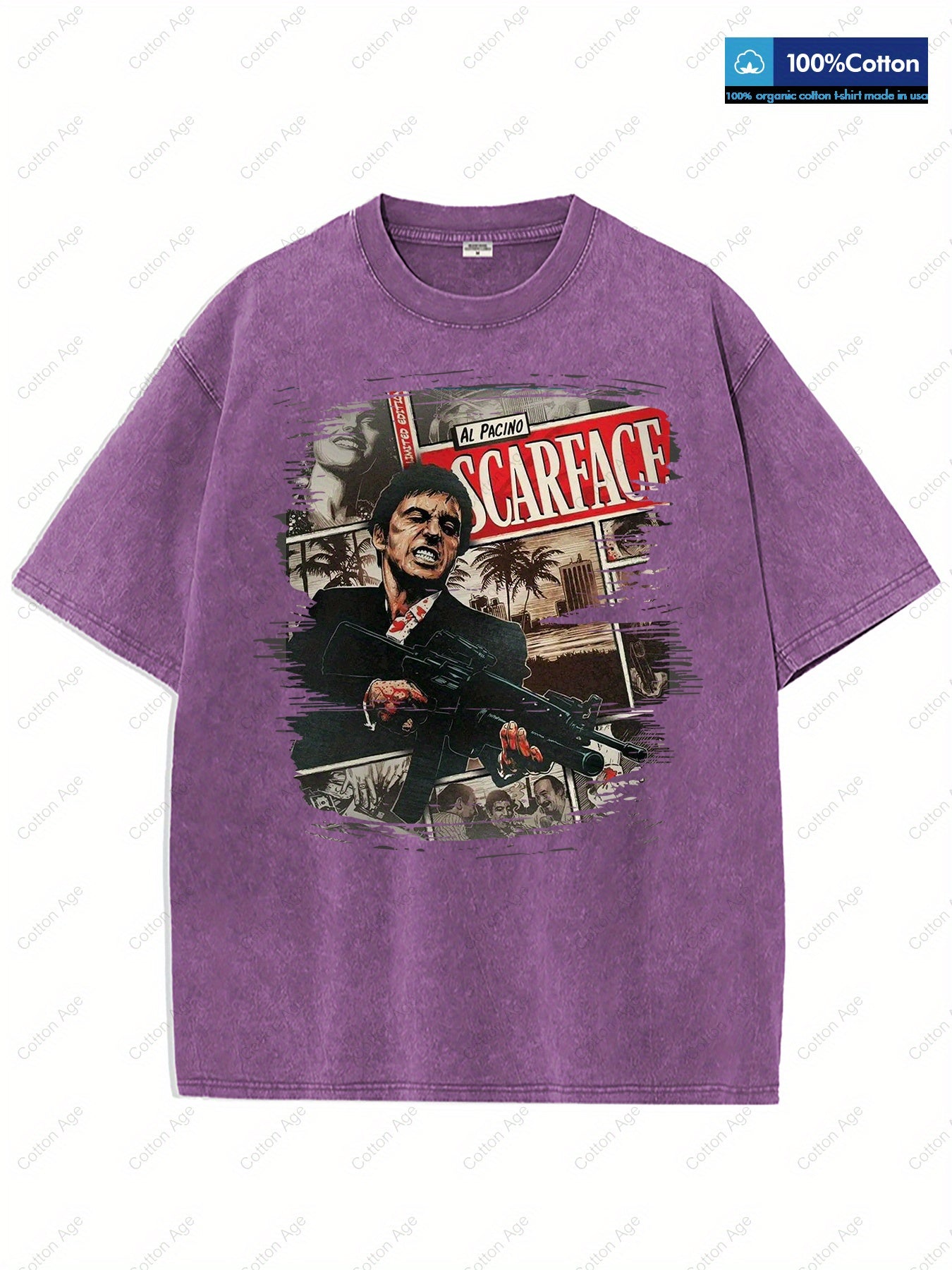 Scarface Al Pacino Movie Poster Iconic Character Action Scene Retro style, classic men's round neck T-shirt, pure cotton skin friendly