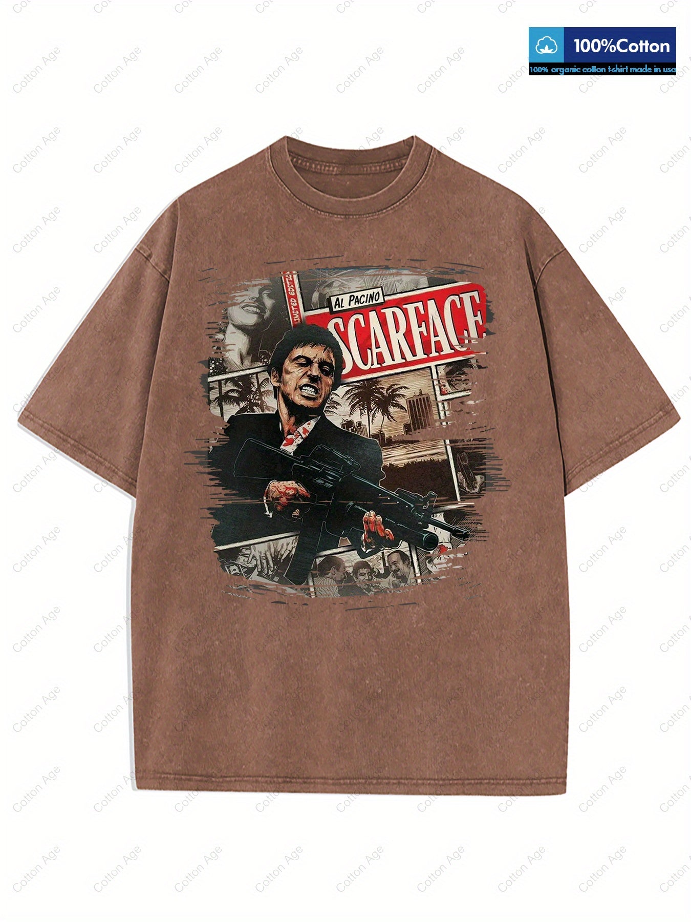 Scarface Al Pacino Movie Poster Iconic Character Action Scene Retro style, classic men's round neck T-shirt, pure cotton skin friendly