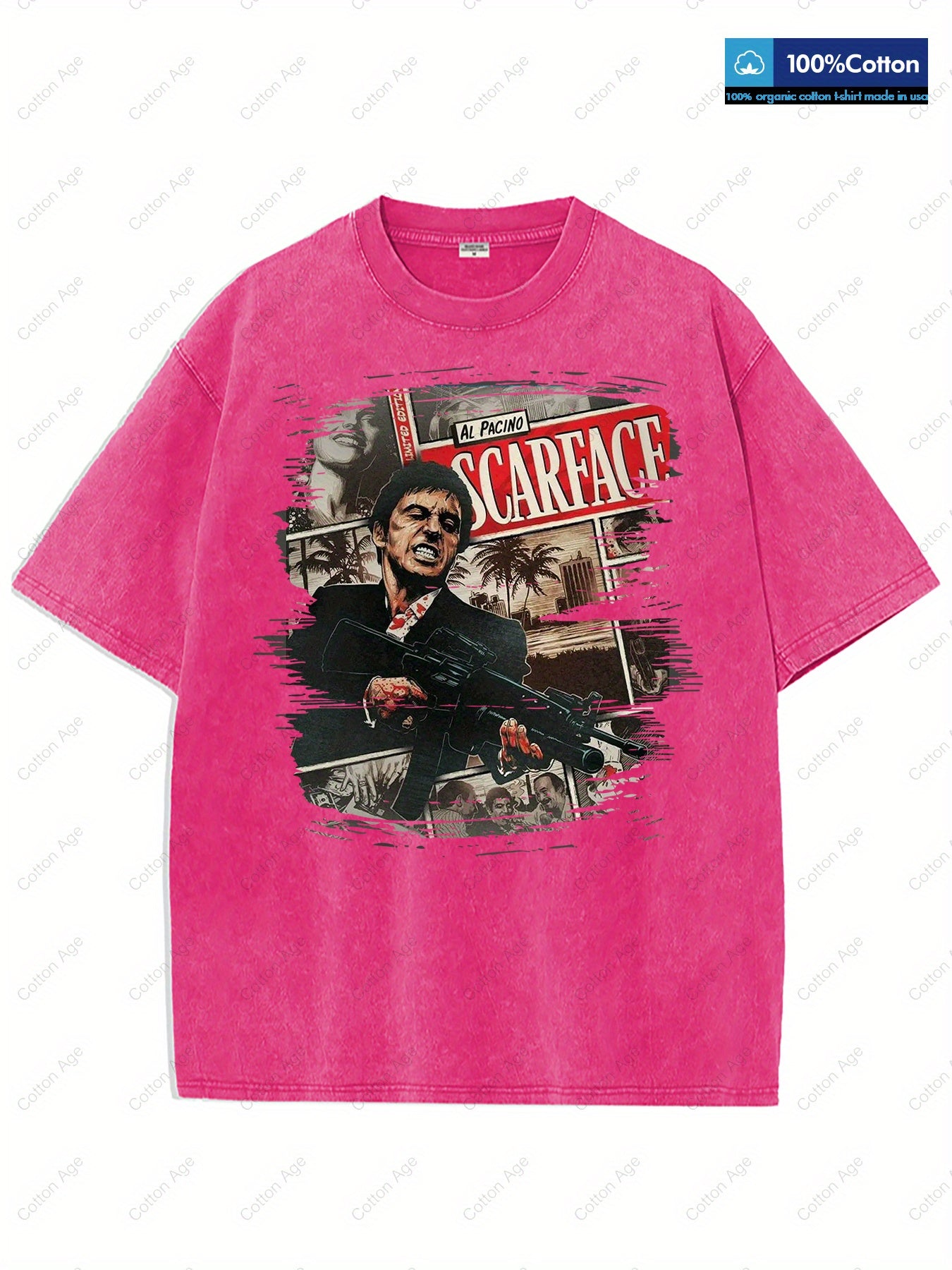 Scarface Al Pacino Movie Poster Iconic Character Action Scene Retro style, classic men's round neck T-shirt, pure cotton skin friendly