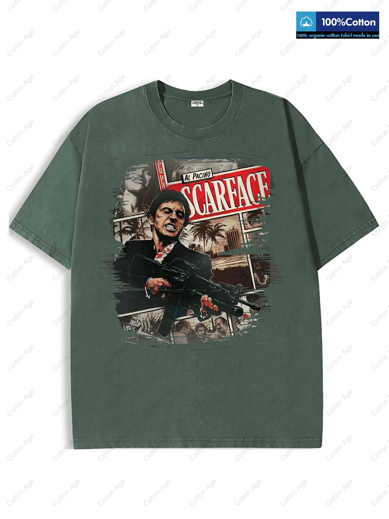 Scarface Al Pacino Movie Poster Iconic Character Action Scene Retro style, classic men's round neck T-shirt, pure cotton skin friendly