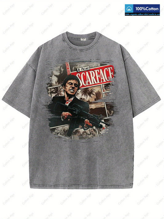 Scarface Al Pacino Movie Poster Iconic Character Action Scene Retro style, classic men's round neck T-shirt, pure cotton skin friendly