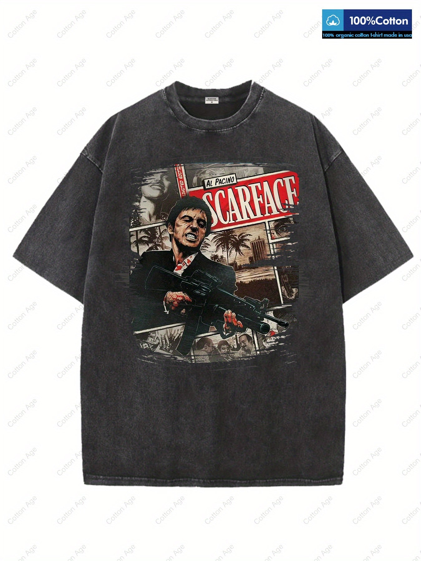 Scarface Al Pacino Movie Poster Iconic Character Action Scene Retro style, classic men's round neck T-shirt, pure cotton skin friendly