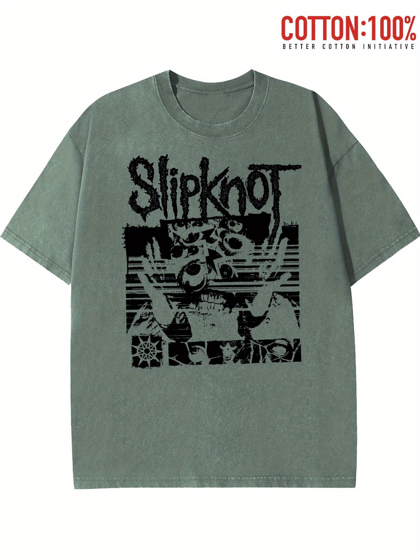 Washed T-Shirt Featuring Slipknot Logo With Distorted Graphics And Dark, Grunge-Inspired Elements Retro style, classic men's round neck T-shirt, pure cotton skin friendly, fashionable and versatile