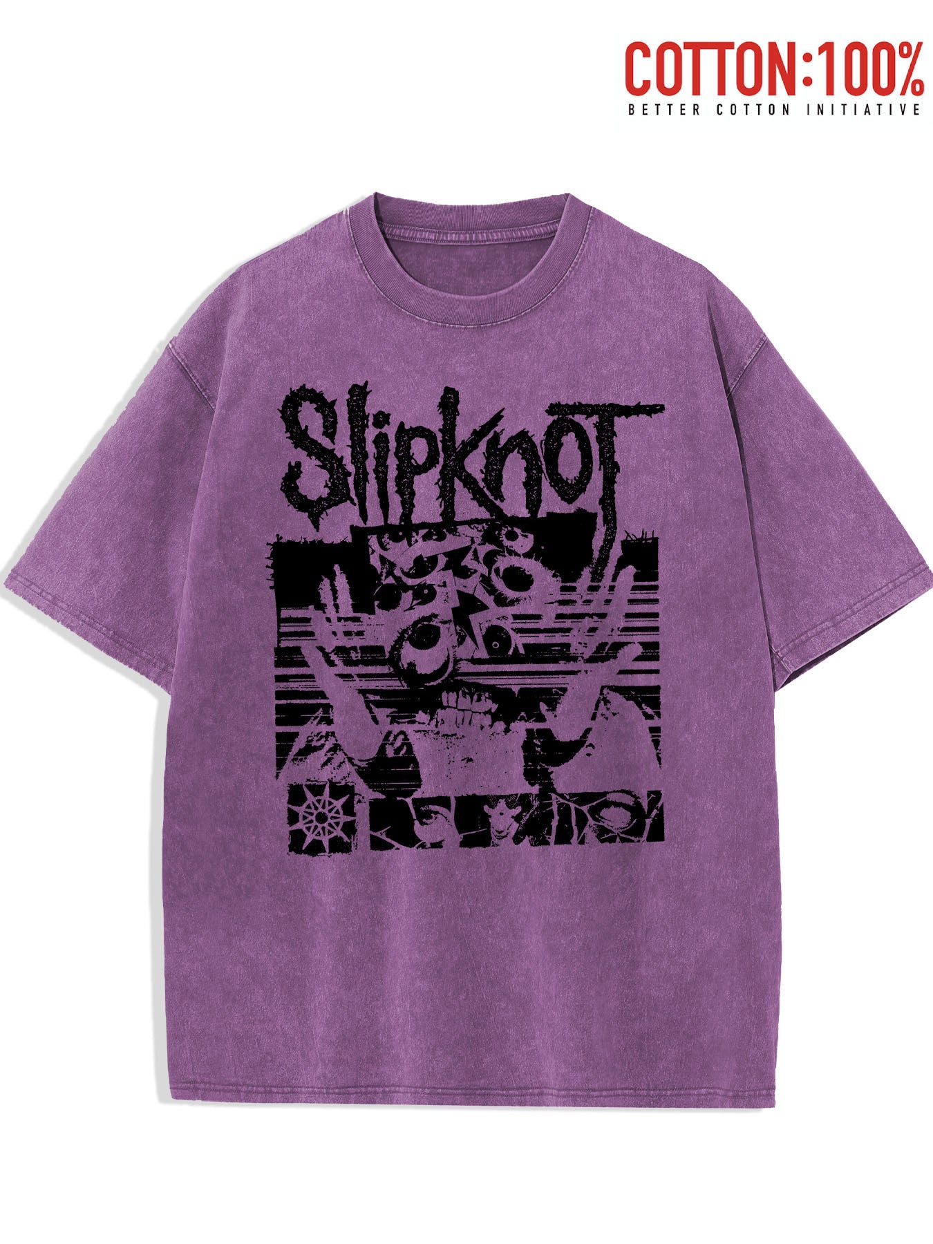 Washed T-Shirt Featuring Slipknot Logo With Distorted Graphics And Dark, Grunge-Inspired Elements Retro style, classic men's round neck T-shirt, pure cotton skin friendly, fashionable and versatile