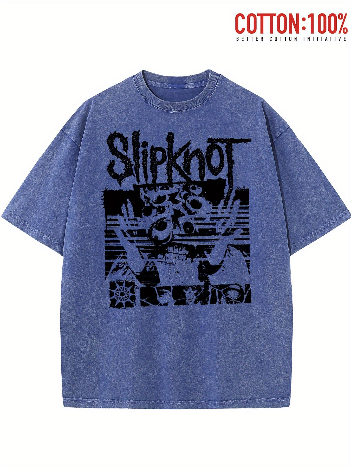 Washed T-Shirt Featuring Slipknot Logo With Distorted Graphics And Dark, Grunge-Inspired Elements Retro style, classic men's round neck T-shirt, pure cotton skin friendly, fashionable and versatile