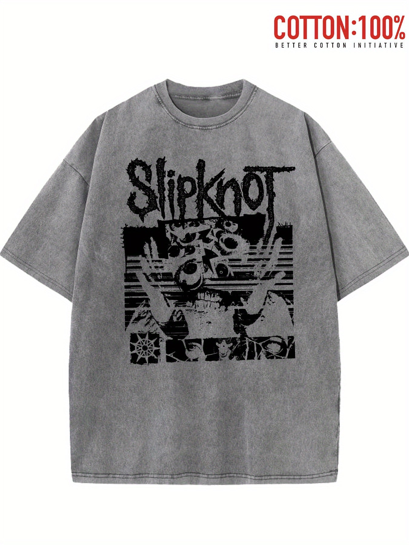 Washed T-Shirt Featuring Slipknot Logo With Distorted Graphics And Dark, Grunge-Inspired Elements Retro style, classic men's round neck T-shirt, pure cotton skin friendly, fashionable and versatile