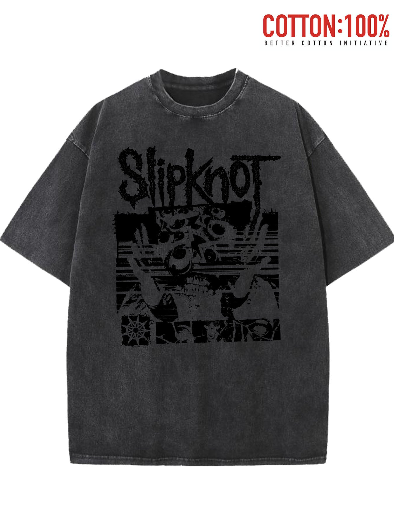 Washed T-Shirt Featuring Slipknot Logo With Distorted Graphics And Dark, Grunge-Inspired Elements Retro style, classic men's round neck T-shirt, pure cotton skin friendly, fashionable and versatile