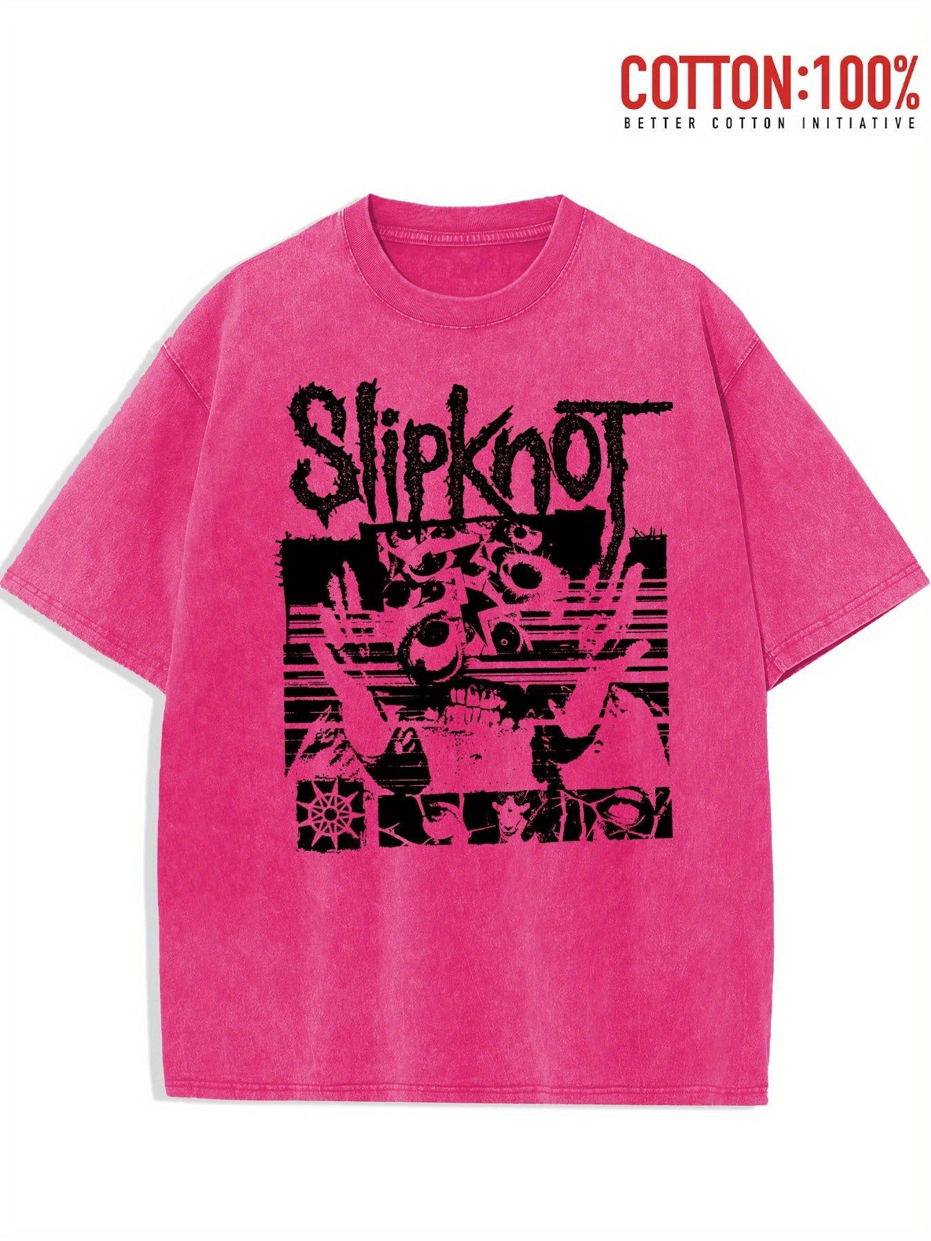 Washed T-Shirt Featuring Slipknot Logo With Distorted Graphics And Dark, Grunge-Inspired Elements Retro style, classic men's round neck T-shirt, pure cotton skin friendly, fashionable and versatile