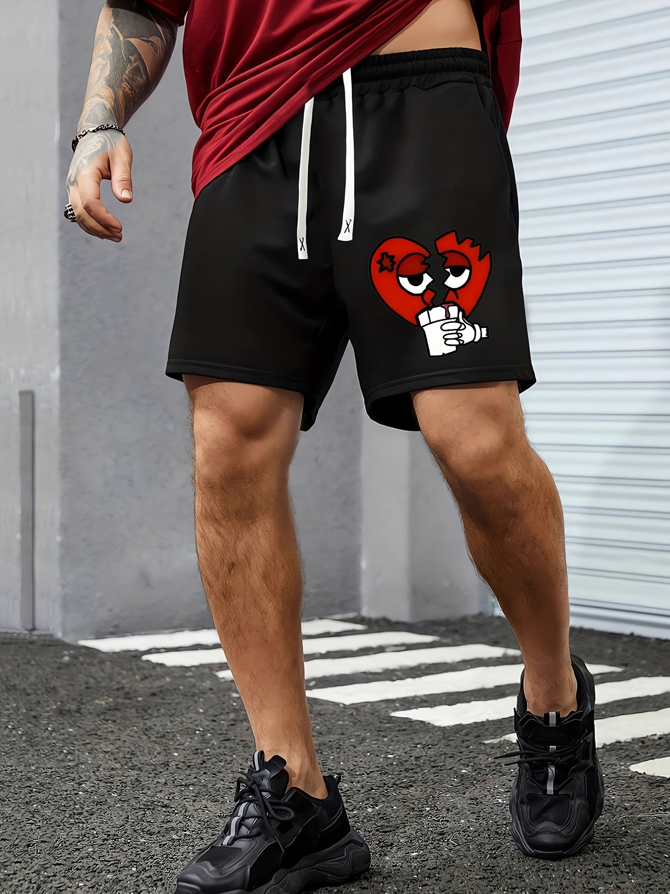 Broken Hearts Print, Men's Drawstring Pants, Loose Casual Waist Simple Style Comfy Shorts For Spring Summer Outdoor Fitness Cycling Climbing Mountain Holiday Daily Commute Dates