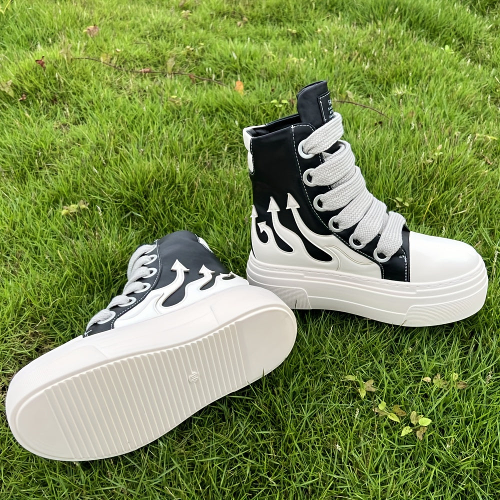 Vintage Style High-Top Fashion Sneakers, Water-Resistant Platform, Flame Embroidery, Lace-Up Closure, Round Toe, PU & Microfiber Upper, Rubber Sole, Lightweight, with Hand Wash/Dry Clean for Unisex Casual Shoes