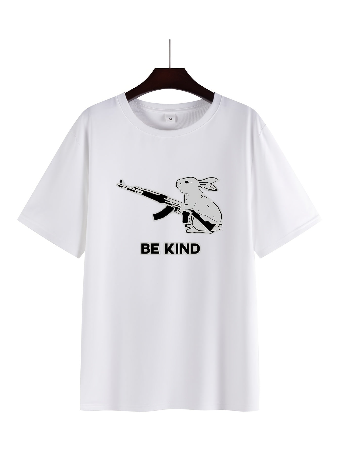 Men's "Be Kind" Graphic Tee - Casual & Comfortable Polyester Blend, Short Sleeve Summer Shirt with Rabbit & Gun Design, Round Neck - Perfect for Workouts, Pajamas & Streetwear