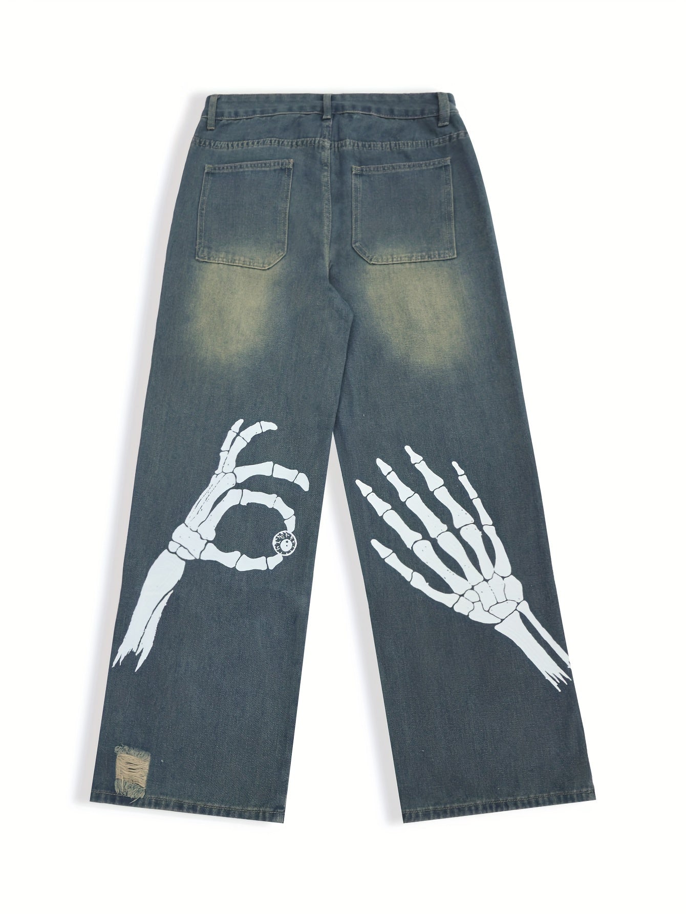 NVFelix Men's Halloween Skeleton Hand Print Jeans, Casual Loose Fit Wide Leg Denim, Regular Length, Non-Stretch, Washed Out, Party Style, Adult Sizes, Zipper Closure, Mid-Waist