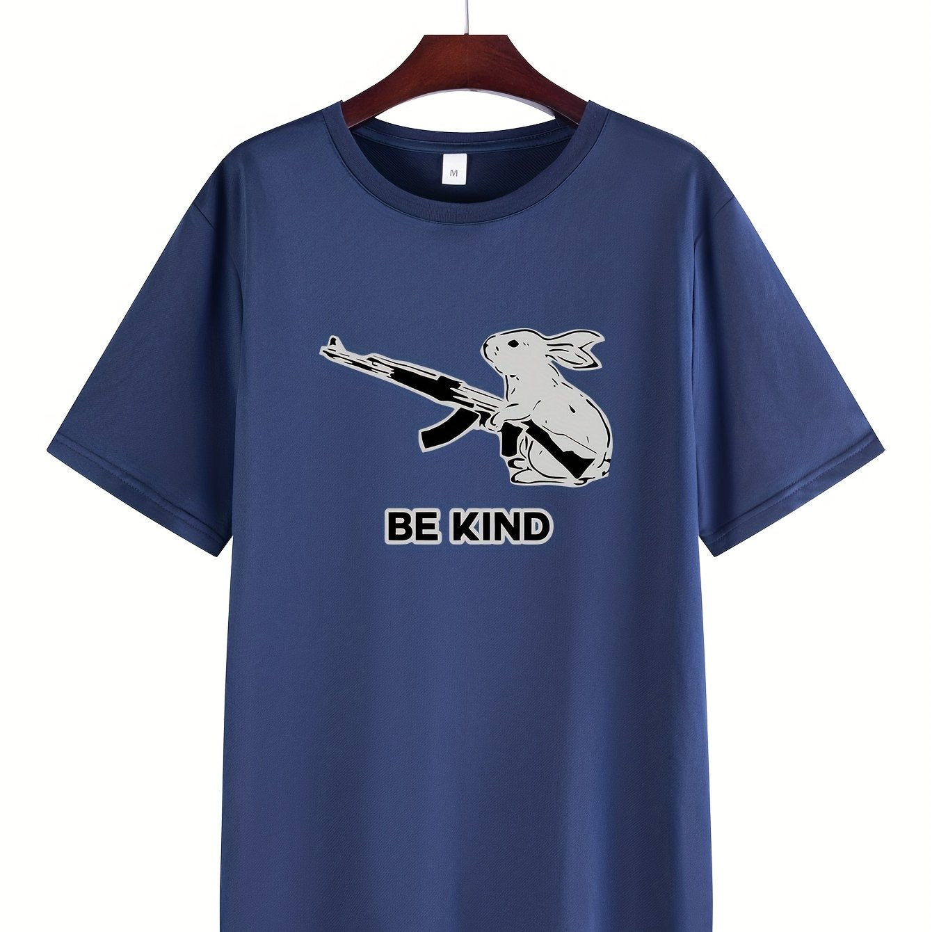 Men's "Be Kind" Graphic Tee - Casual & Comfortable Polyester Blend, Short Sleeve Summer Shirt with Rabbit & Gun Design, Round Neck - Perfect for Workouts, Pajamas & Streetwear