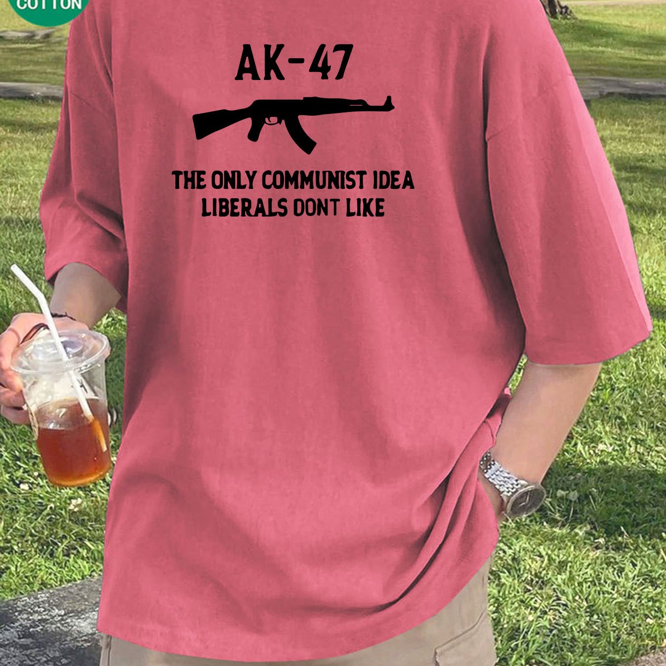 Men'S Fashion AK-47 Print T-Shirt, 100% Cotton Crew Neck, Regular Fit, Slight Stretch, Knit Fabric, Casual Versatile Tee, Sports Style, Heavyweight 200gsm