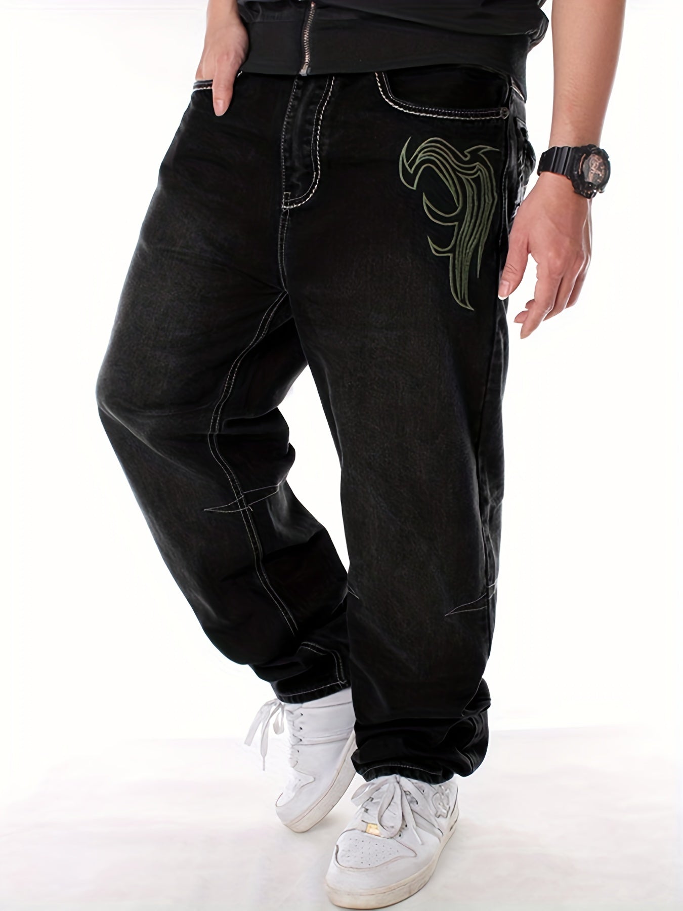 Y2k Wings Embroidery Baggy Jeans, Casual Street Style Denim Pants