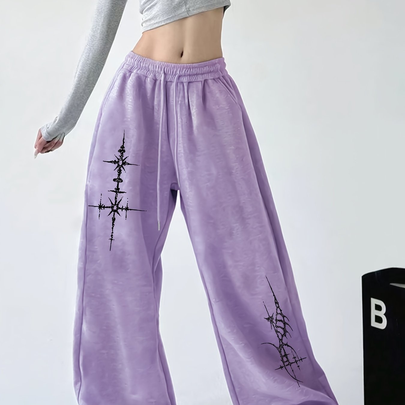 Women's Casual Cross-Print Drawstring Sweatpants - Relaxed Fit, Light Gray Polyester Straight-Leg Pants with Elastic Waist, Machine Washable for Spring/Fall