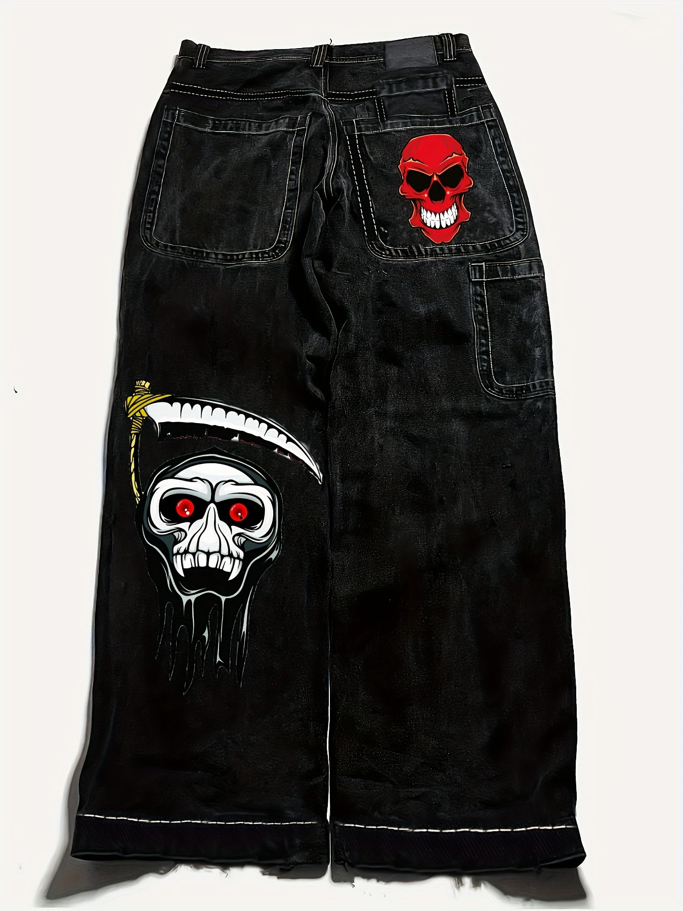 1pc Y2K Street Style Skull Print Denim Pants, Cotton Blend, Non-Stretch Fabric, Loose Fit, Halloween Pattern, All-Season, Regular Length, Woven, Washed Finish - 30% Cotton, 43% Polyester, 27% Rayon