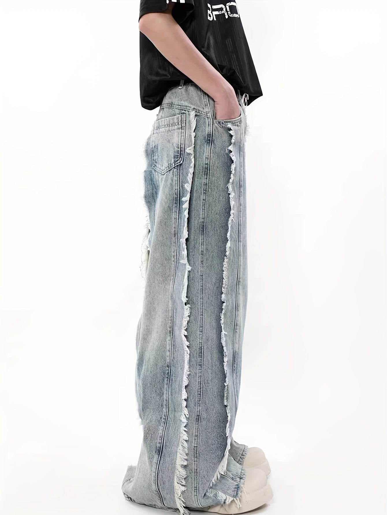 American Retro Waste Style Tassel Splicing Design Sense Jeans Men's Small Crowd Loose Wide Leg Pants