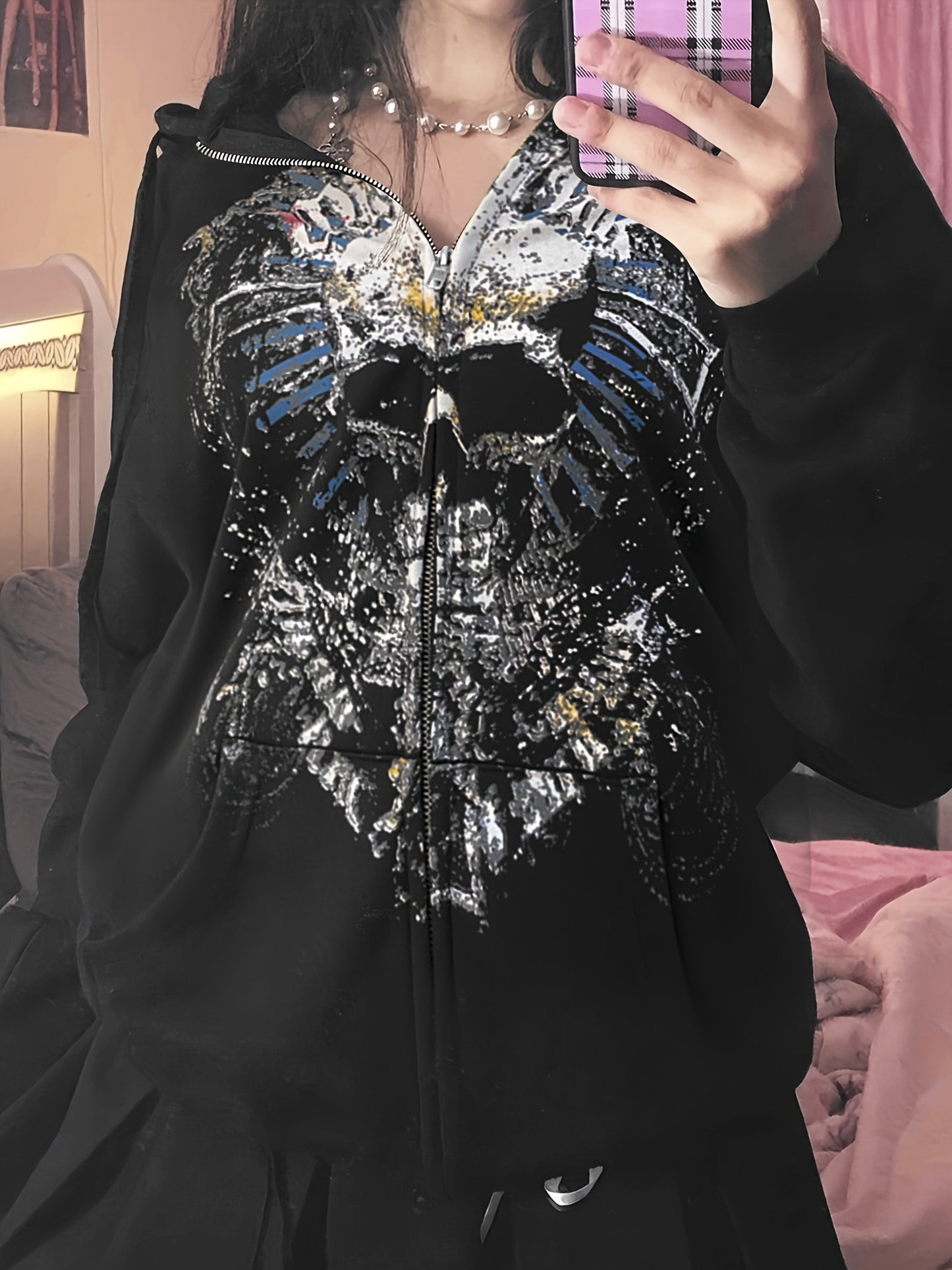 Y2K Skull & Floral Print Hoodie, Zip Up Long Sleeve Sweatshirt With Pocket, Women's Clothing