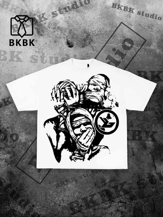 1pc YK2 100% Cotton Crew Neck T-Shirt for Men - Casual Geometric-Pattern Print, All-Season Comfort, Slight Stretch Knit Fabric, Regular Fit Short Sleeve Tee - Ideal Summer Gift
