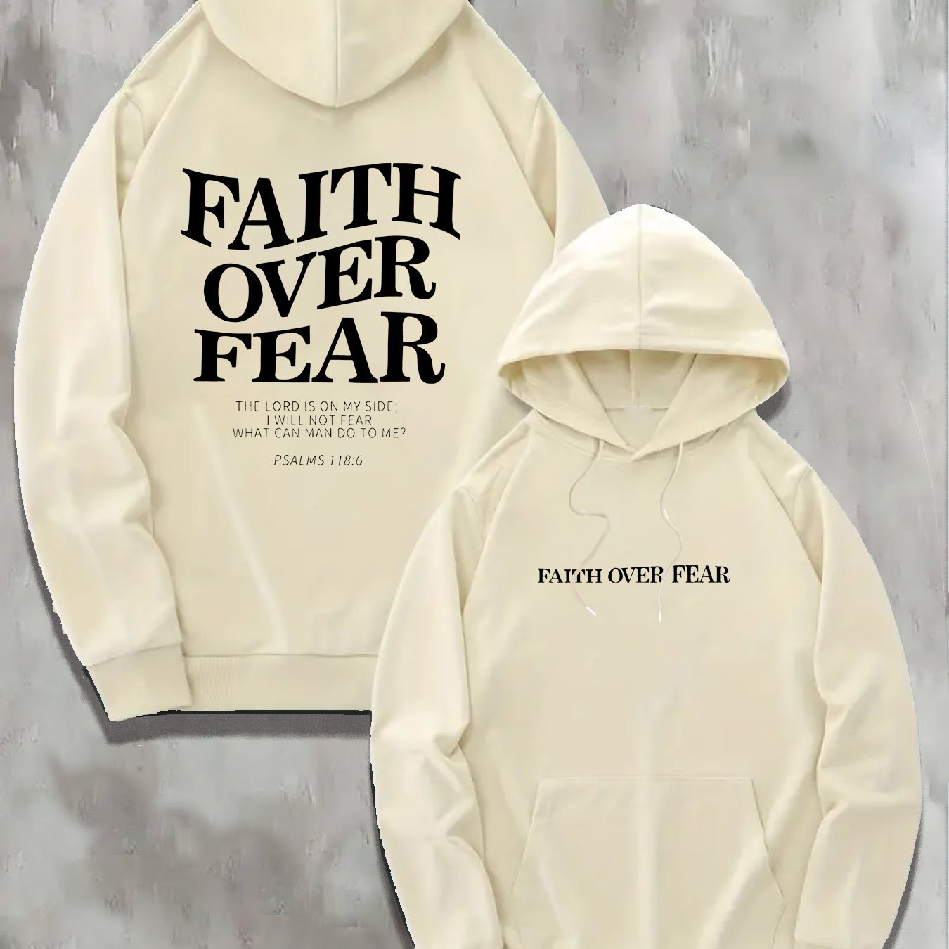 1pc KOURRTER Men'S Casual Polyester Hoodie with "Faith Over Fear" Print, Geometric Pattern, Slight Stretch Knit Fabric, Regular Fit, Hooded Collar, with Pocket - Fall/Winter Collection