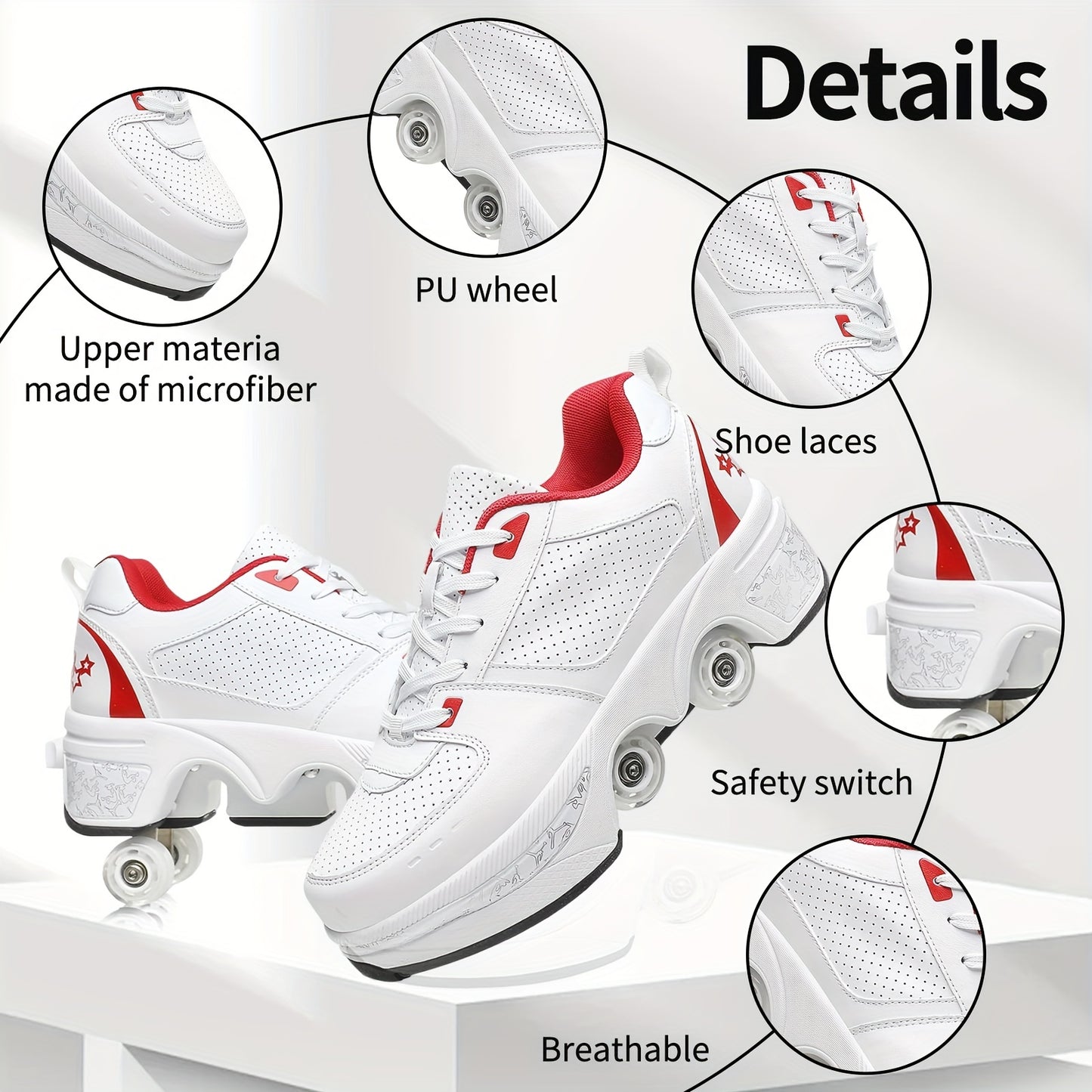 White Red Roller Skate Shoes For Men And WomenShoe - Breathable, Ergonomic, Impact Resistant, 2-in-1 Deformation Roller Skates&Sneakers, Double-Row Retractable Wheels Roller Shoes, For Casual Walking, Skating, Hiking, And Out