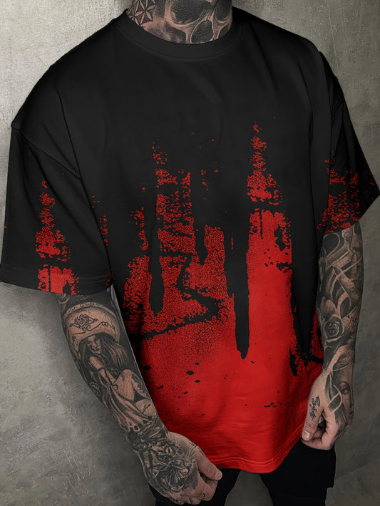 1pc Men'S Summer Red Splash Ink Drop 3D Graphic T-Shirt - Casual Crew Neck Short Sleeve Top, Knit Polyester Fabric, Slight Stretch, Street Fashion for Daily & Weekend Wear