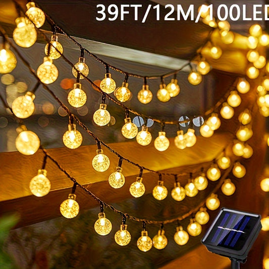 Solar String Lights Outdoor, 100 LED Crystal Ball Globe Lights with 8 Modes, Nickel Battery Powered Solar Patio Lights for Garden, Camping, Party, Independence Day, Christmas, Wedding, Wall Mount, IP65 Weather Resistant