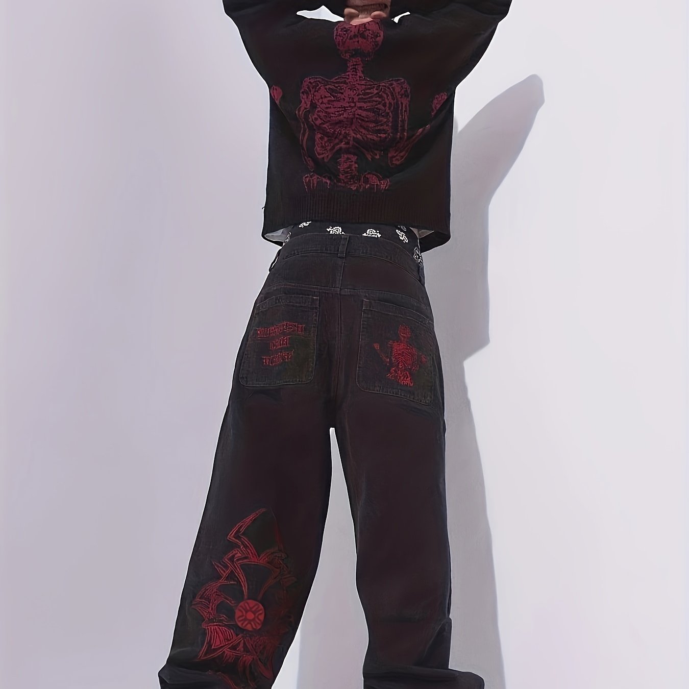 Halloween Y2k Skeleton Embroidery Jeans, Men's Casual Street Style Denim Pants