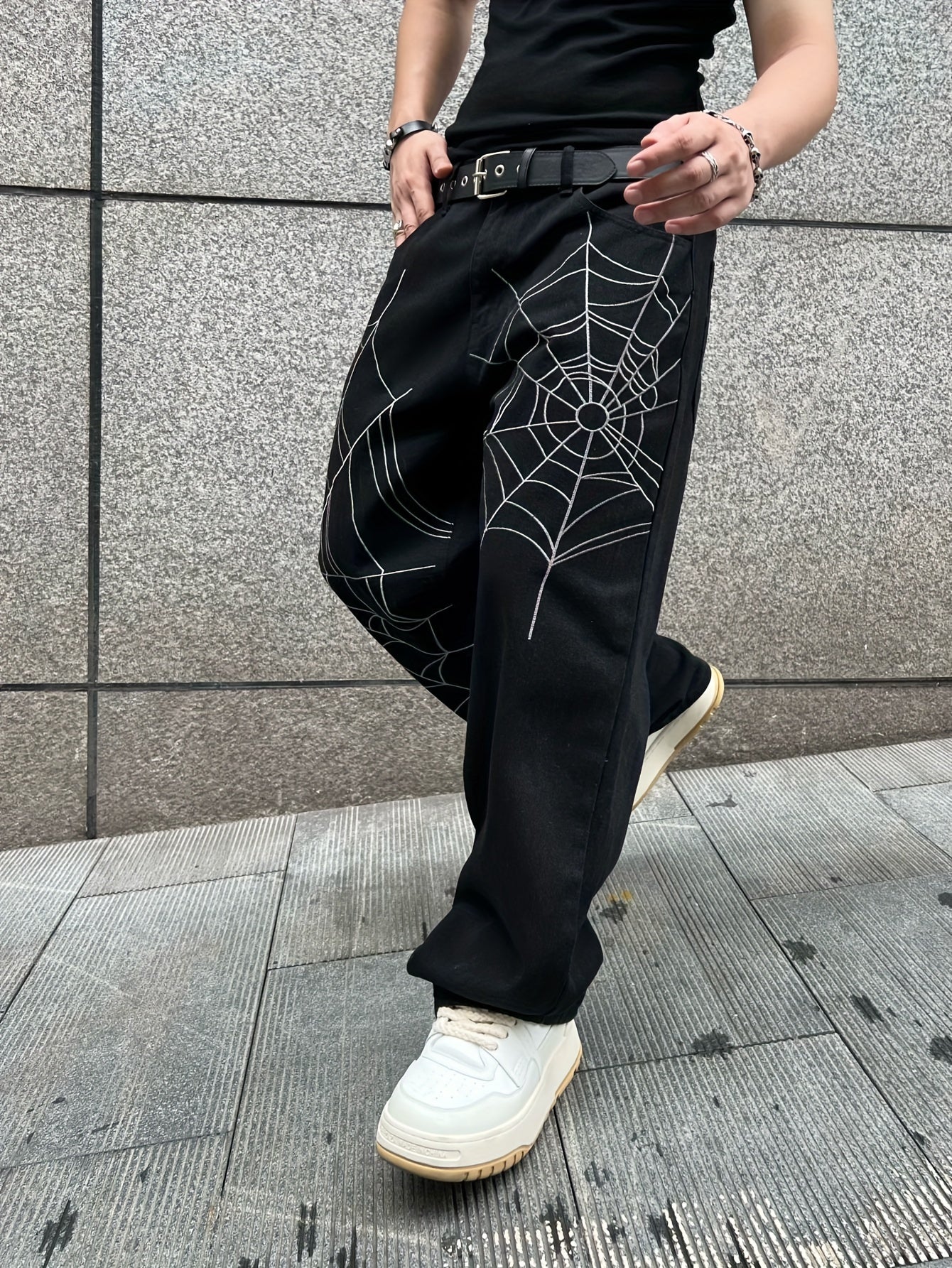 Unisex Street Style Embroidered Spider Web Denim Jeans, Loose Fit, Non-Stretch Cotton Blend Pants, Regular Length, Woven, for Adults, All-Season