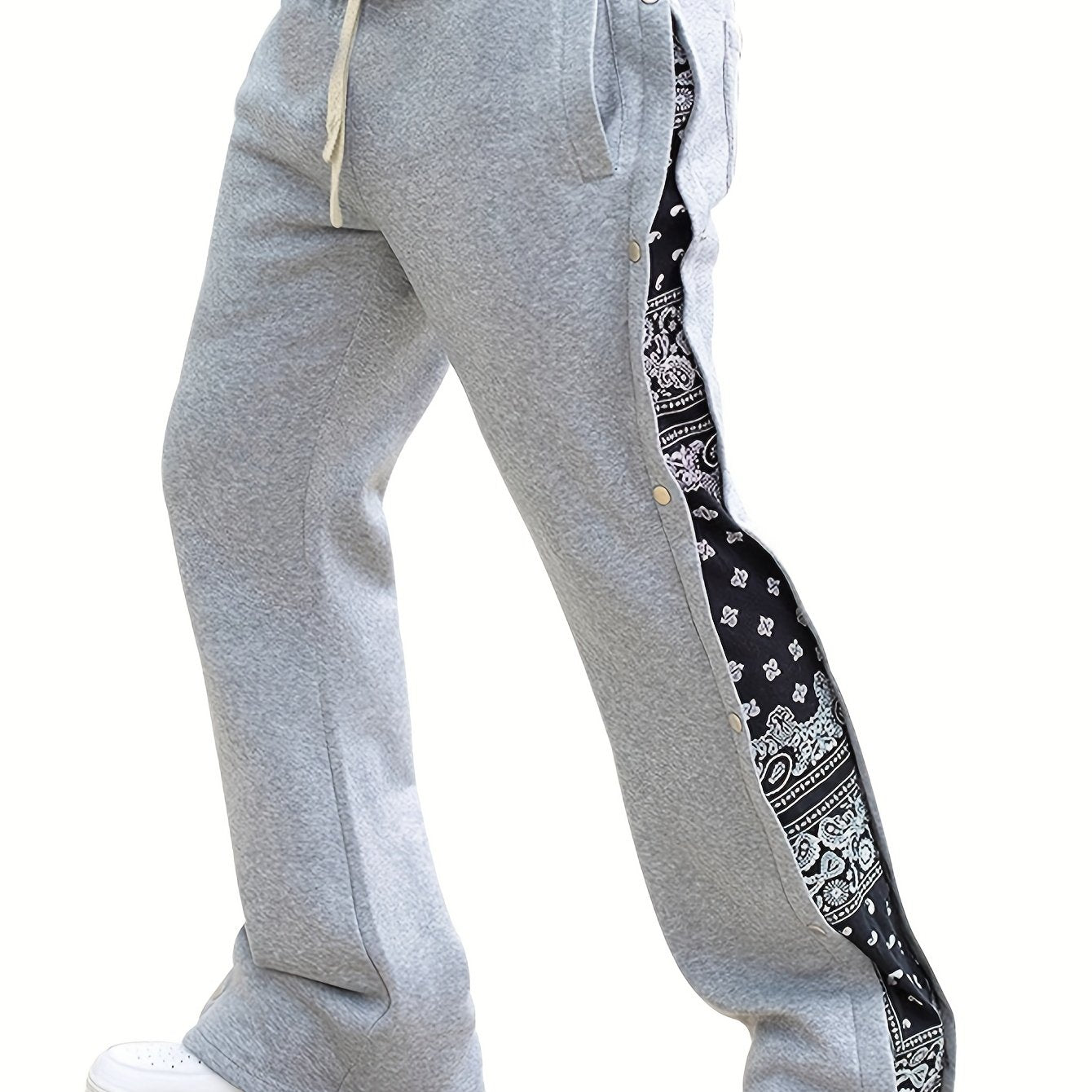 Men's Paisley Pattern Loose Fit Wide Leg Drawstring Sweatpants With Button Detail, Street Fashion Bottoms For Male