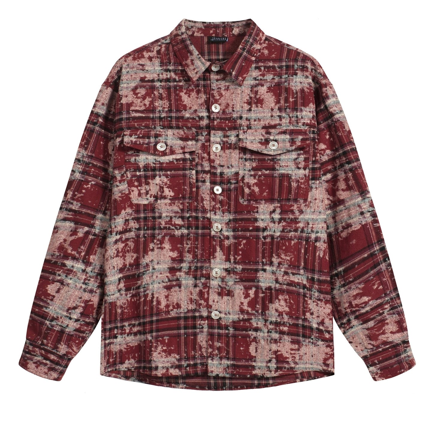 WUKONGYOUHUO Men's Tie-Dye Red Plaid Long Sleeve Shirt - Casual Loose Fit, Polyester Blend, Machine Washable with Pockets for Spring/Fall