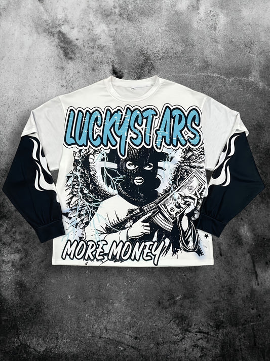 Streetwear Lucky Star More Money All-Print Double Layer Long Sleeve French Terry Cloth Imitation Two-Piece Designer Sweatshirt