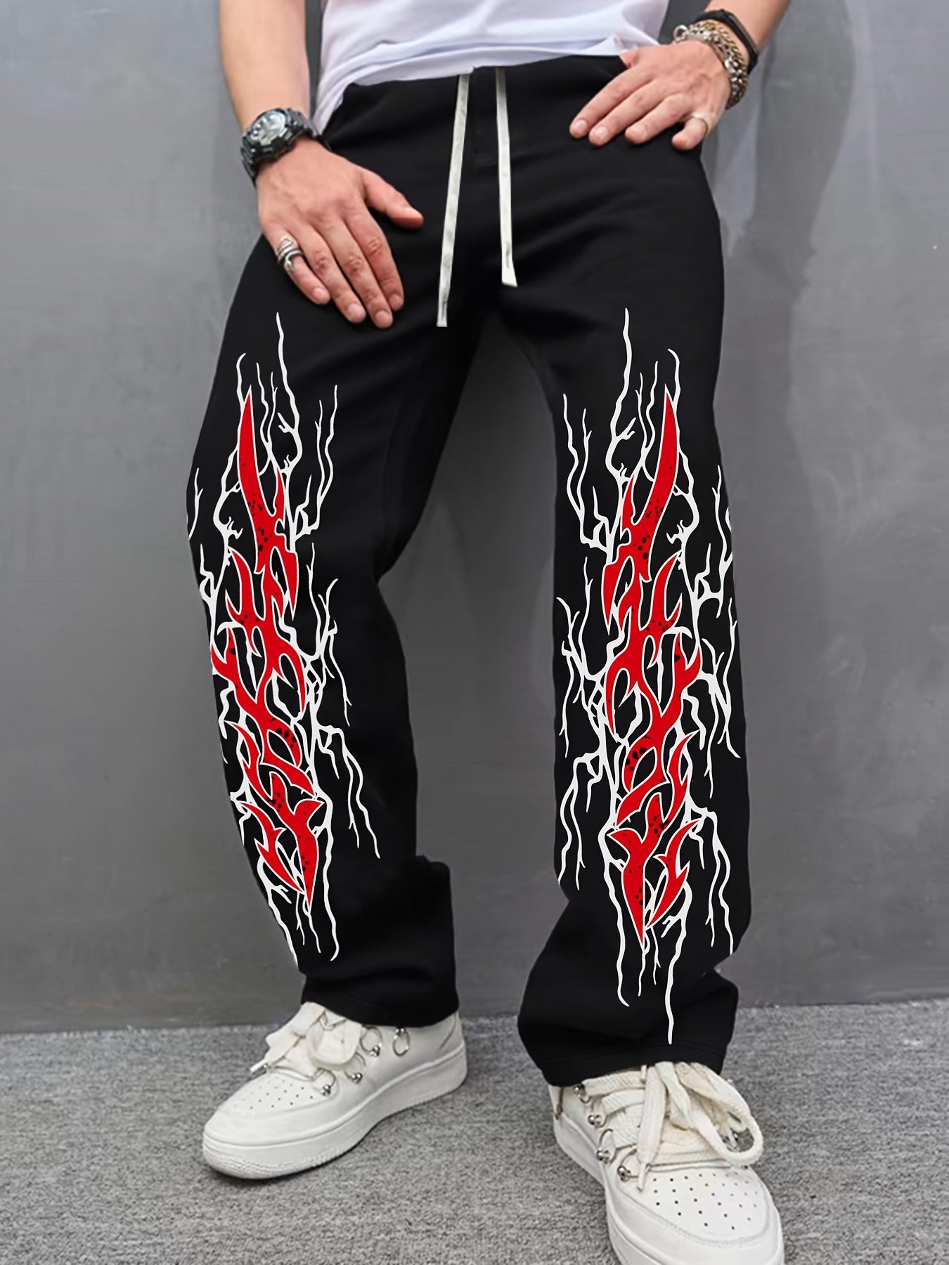 Men's Casual Loose-Fit Joggers with Geometric Print - Drawstring, Stretch Fabric, Machine Washable