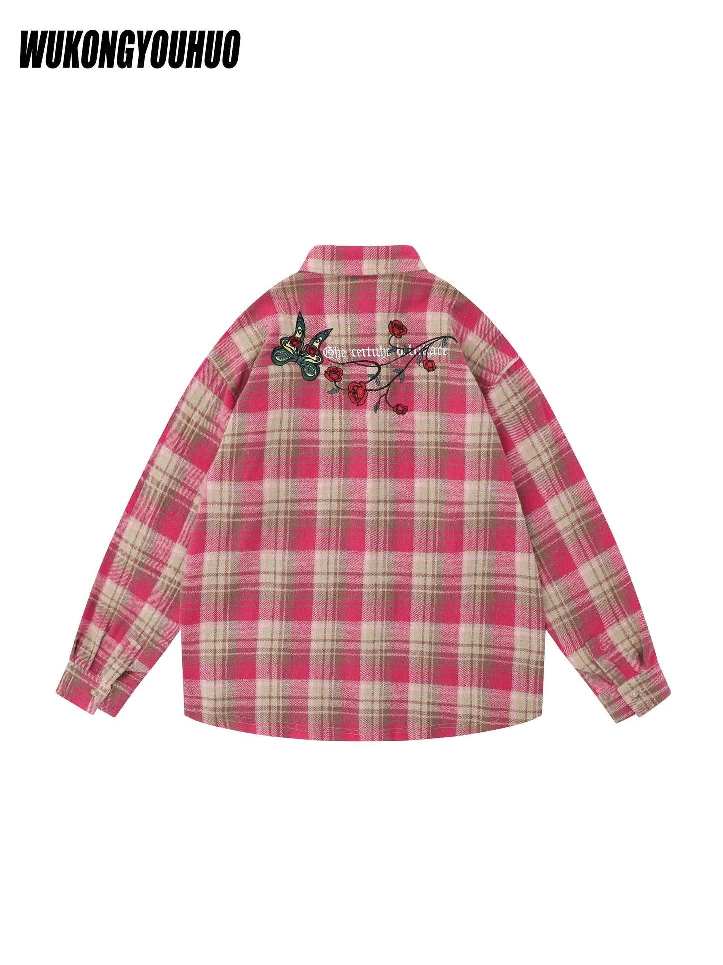 WUKONGYOUHUO Teen Hip-Hop Embroidered Tassel Checkered Long Sleeve Shirt, Casual Loose Fit Lapel Collar, 35% Cotton 63% Polyester 2% Viscose, Slight Stretch, Woven, 180g/m², Spring/Fall