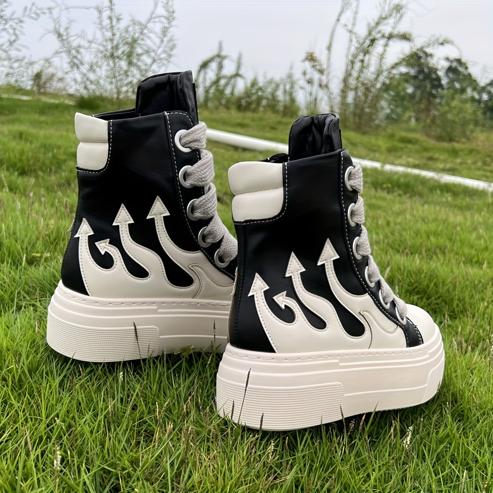 Vintage Style High-Top Fashion Sneakers, Water-Resistant Platform, Flame Embroidery, Lace-Up Closure, Round Toe, PU & Microfiber Upper, Rubber Sole, Lightweight, with Hand Wash/Dry Clean for Unisex Casual Shoes