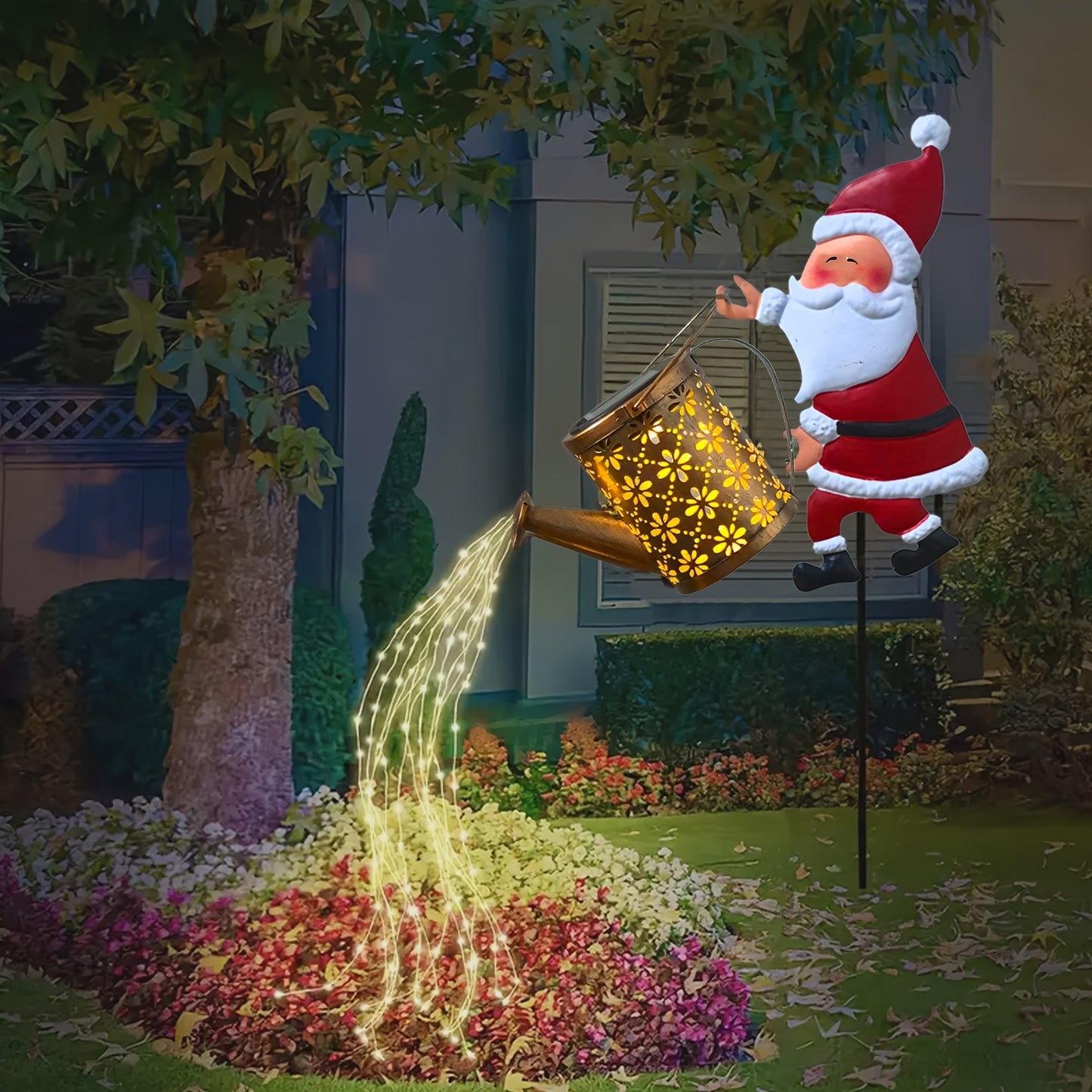 Santa Claus Solar-Powered Watering Can Light - Warm Yellow LED & Pouring Effect, Metal Decorative Garden Stake for Patio, Lawn, and Pathway Christmas Landscape Lighting