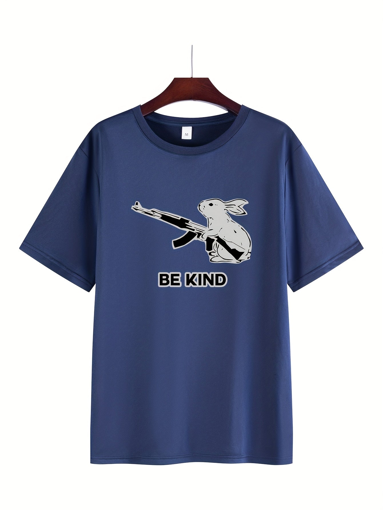 Men's "Be Kind" Graphic Tee - Casual & Comfortable Polyester Blend, Short Sleeve Summer Shirt with Rabbit & Gun Design, Round Neck - Perfect for Workouts, Pajamas & Streetwear