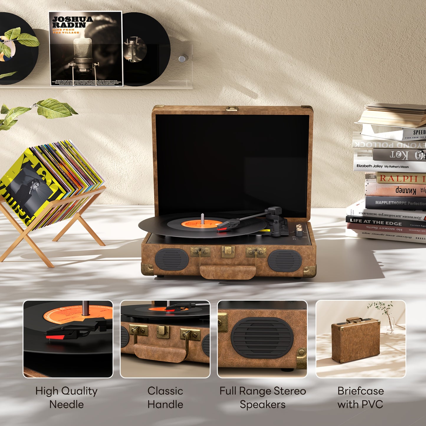 Portable Vinyl record player C260, with 2 Stereo Speakers (3W each), Wireless 3-Speed 33/45/78RPM, Support Headphone Jack/USB/AUX-IN/RCA-Out