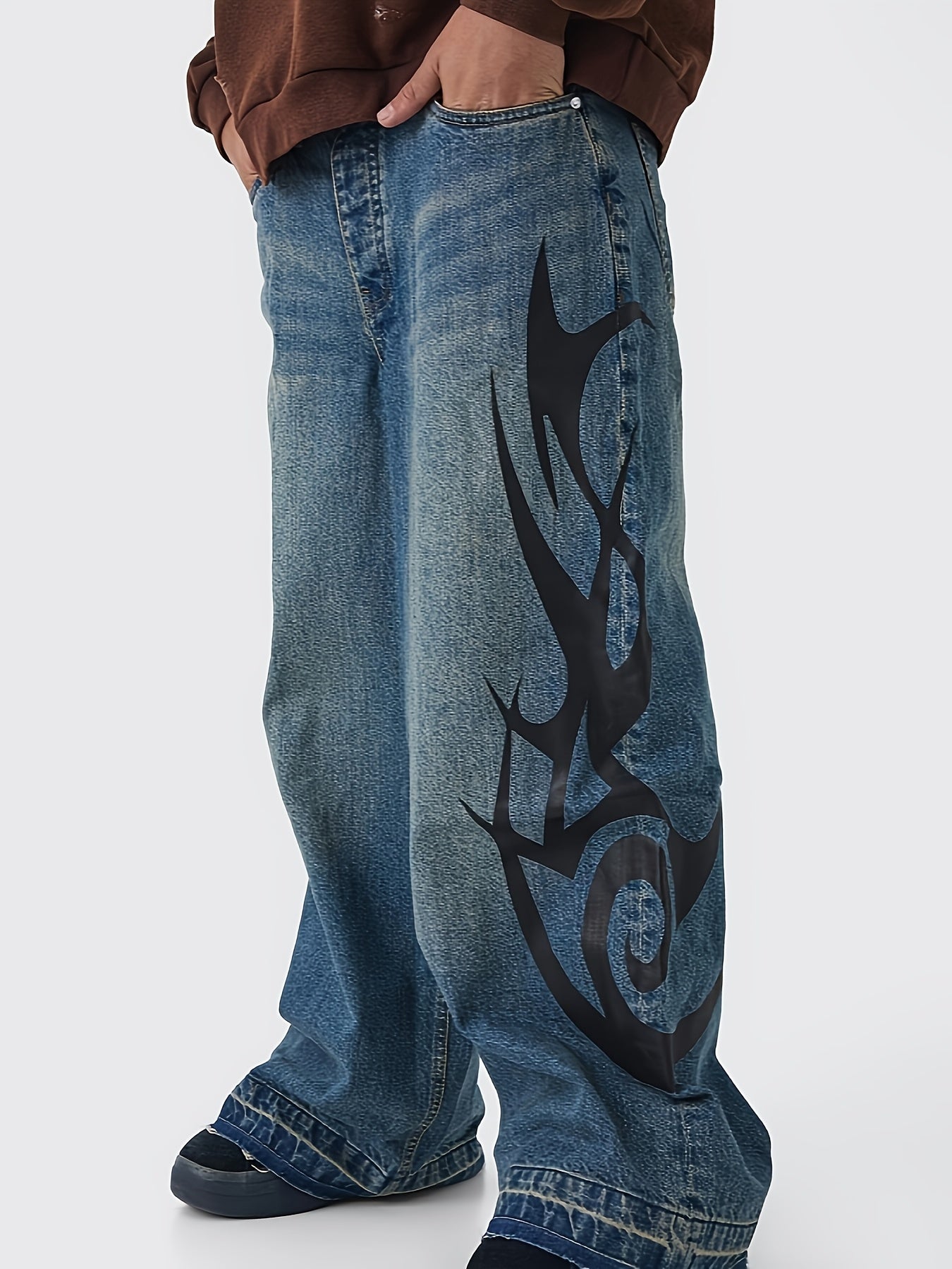 Men's Flame Print Loose-Fit Jeans - Street Style, Cotton Blend, Machine Washable