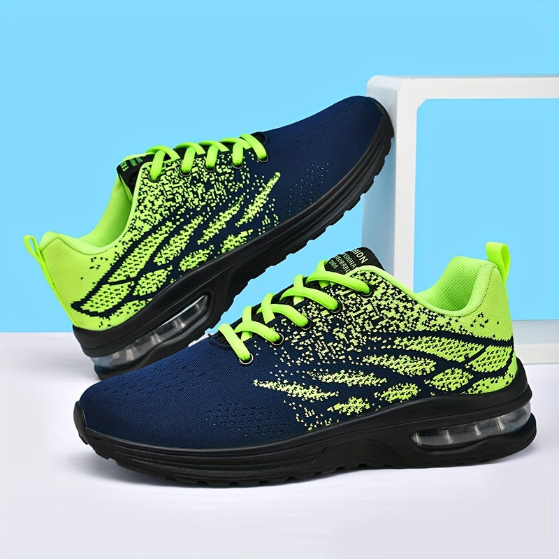 Men's Trendy Woven Knit Breathable Running Shoes With Air Cushion, Comfy Non Slip Durable Lace Up Sneakers For Men's Outdoor Activities