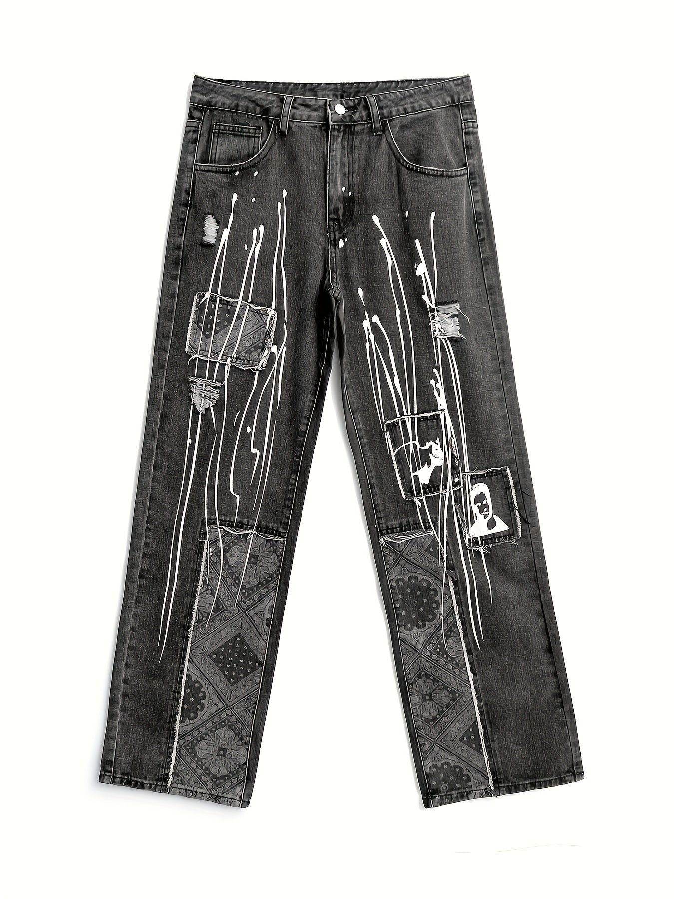 Men's Printed Hip-Hop Street Retro Wide-Leg Jeans