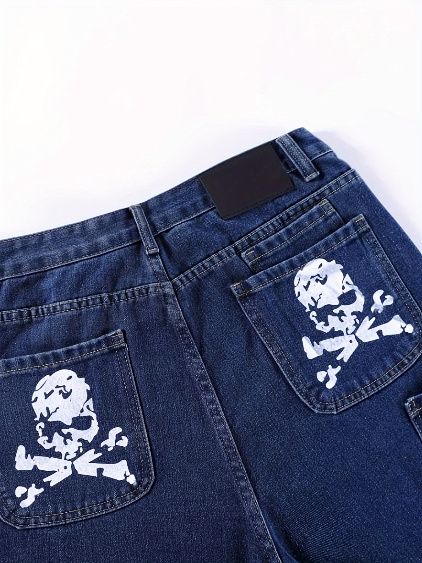 Y2K-Inspired Skull Print Multi-Pocket Straight-Leg Jeans for Men - Rayon Blend, Machine Washable