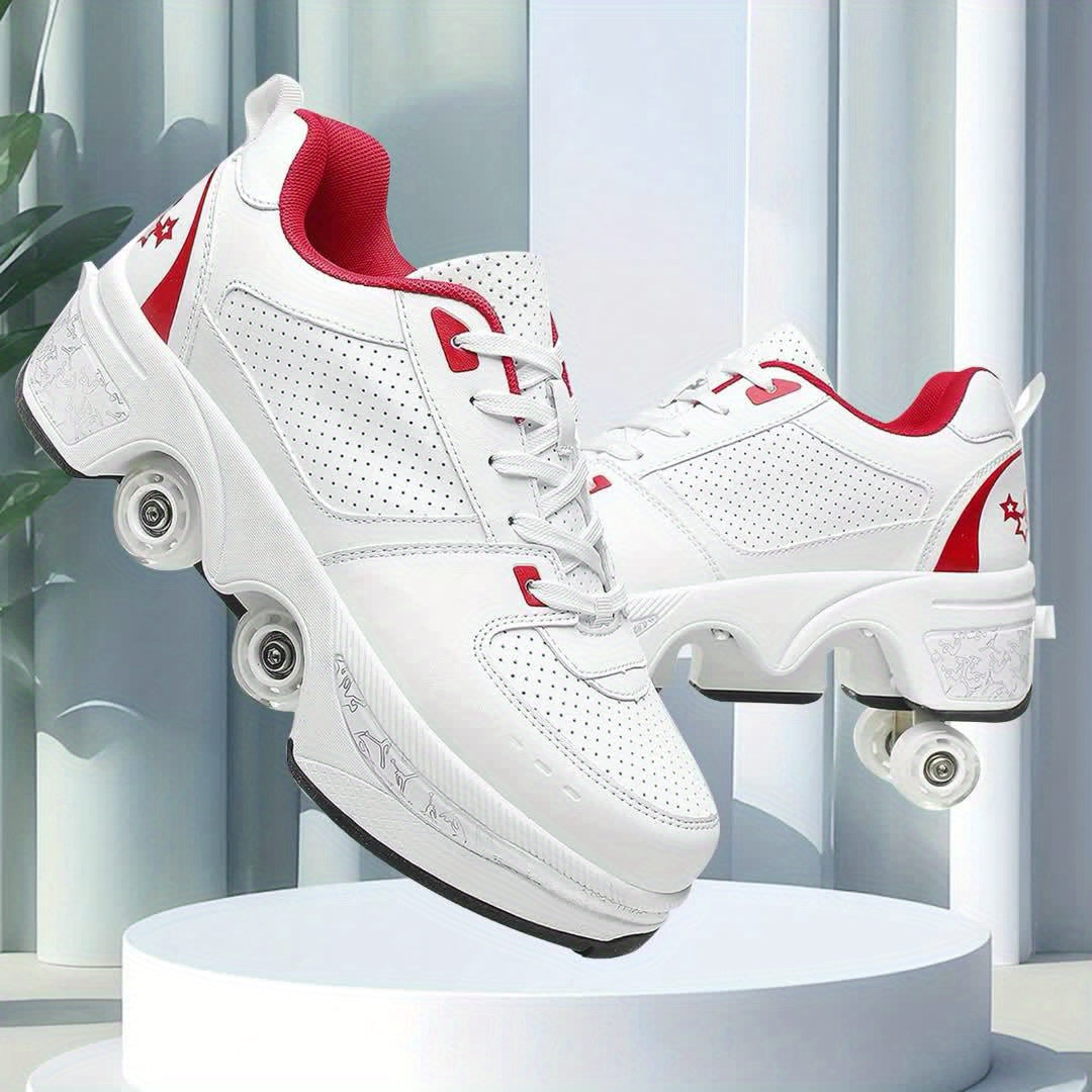 White Red Roller Skate Shoes For Men And WomenShoe - Breathable, Ergonomic, Impact Resistant, 2-in-1 Deformation Roller Skates&Sneakers, Double-Row Retractable Wheels Roller Shoes, For Casual Walking, Skating, Hiking, And Out