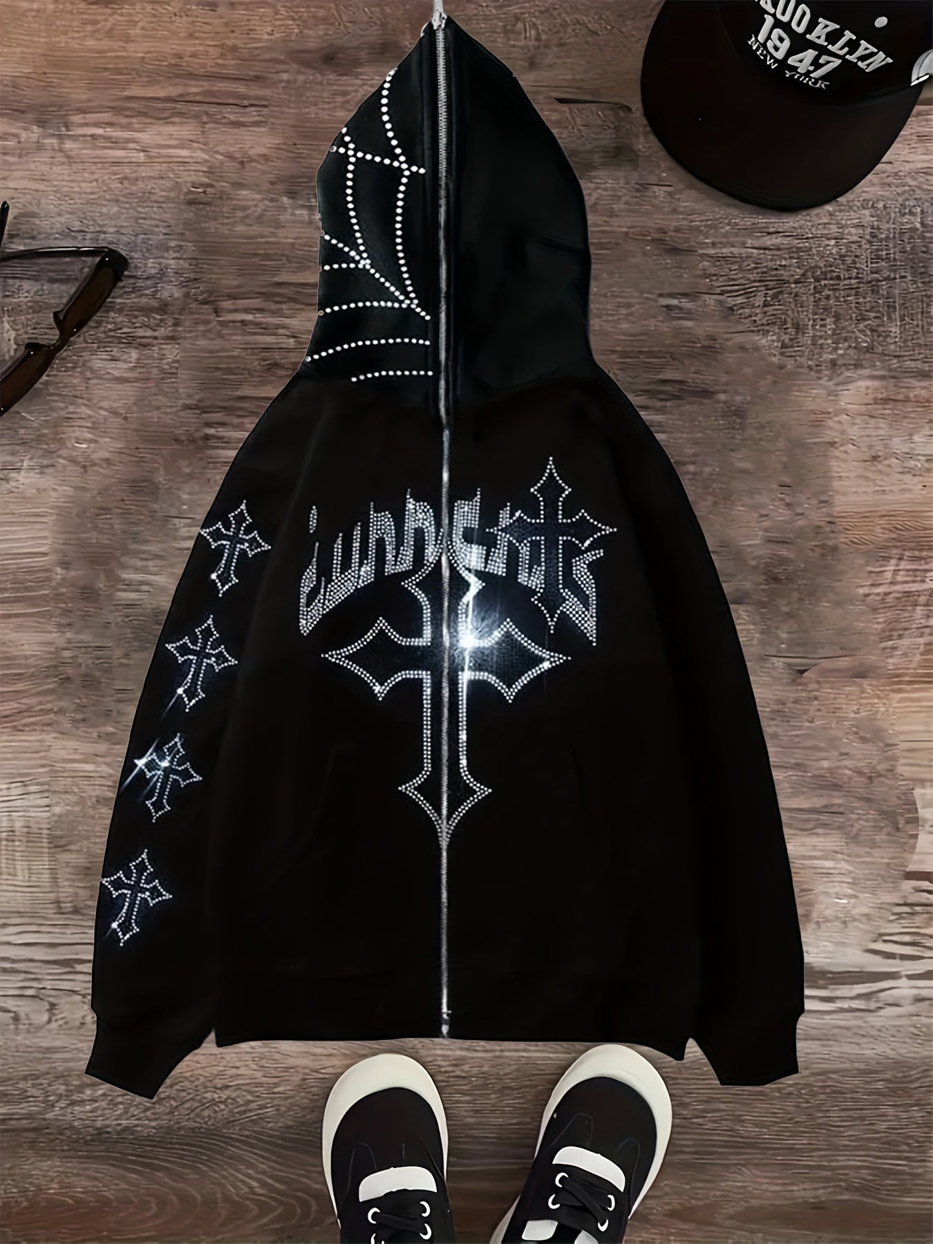 Y2K Fashion Hoodie with Hot Diamond Letter and Graphic Printing, Zipper Hoodie, Gothic Long Sleeve