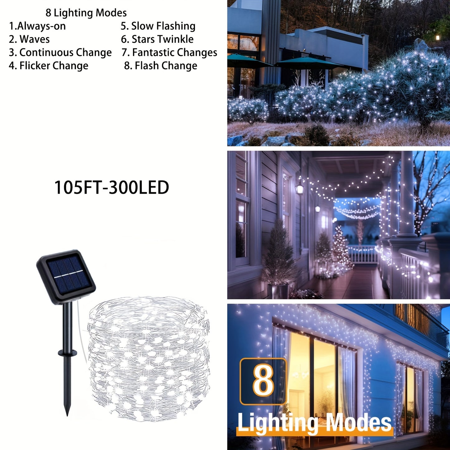 Solar-Powered LED String Lights for Outdoor Decor - 40/105ft, 100/300 LEDs with 8 Modes,, Perfect for Patio, Tree, Balcony, Gazebo & Autumn Festival Parties