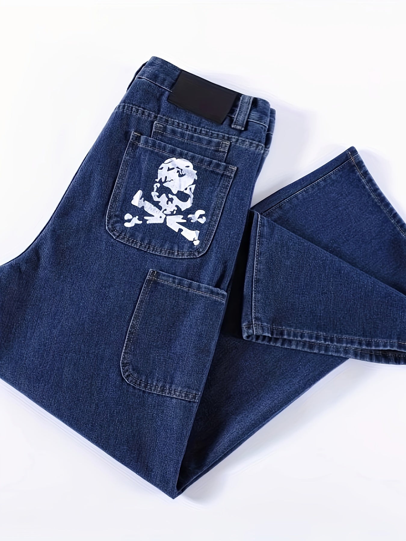 Y2K-Inspired Skull Print Multi-Pocket Straight-Leg Jeans for Men - Rayon Blend, Machine Washable