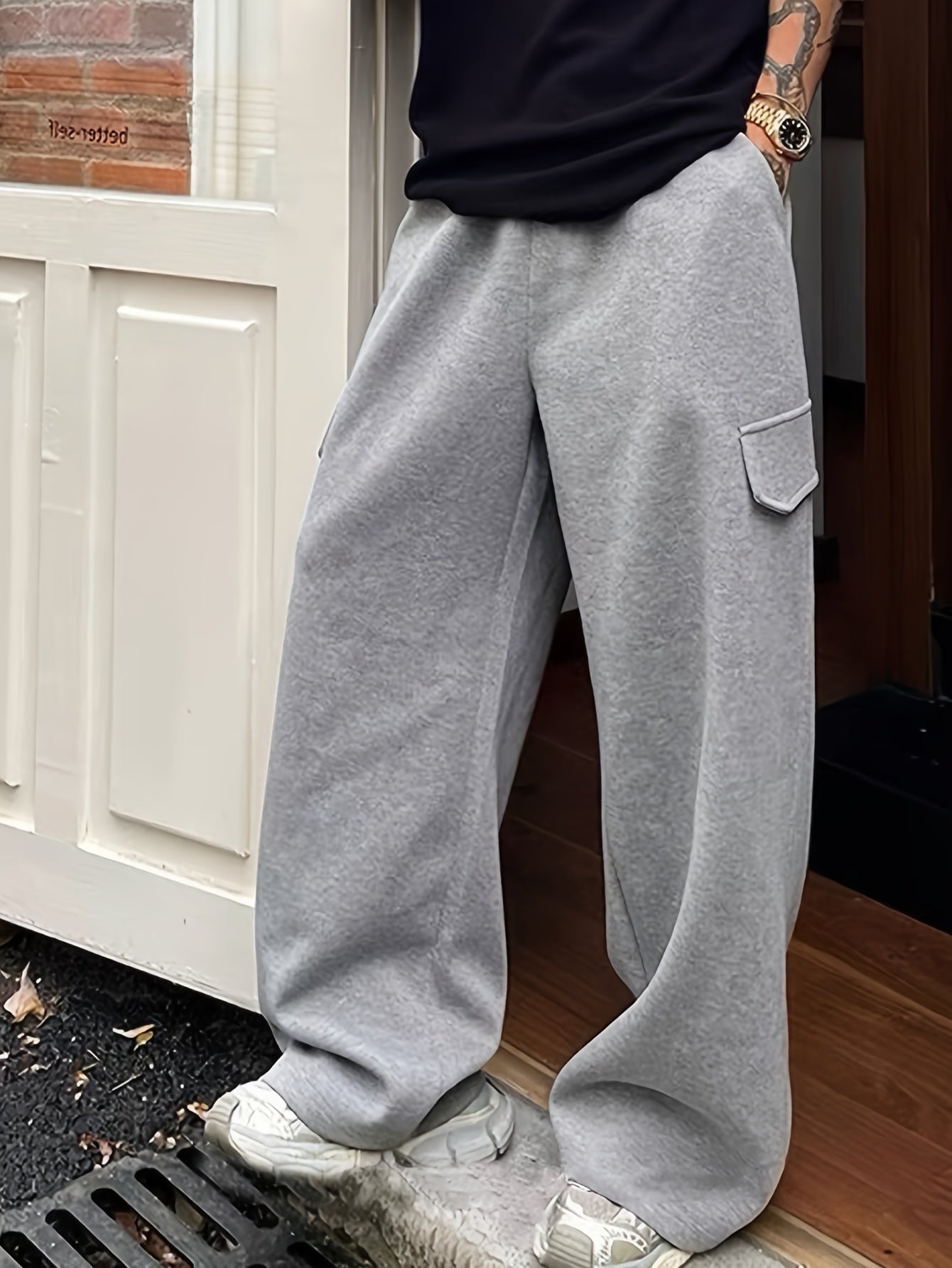 Men'S Casual Loose-Fit Sweatpants with Pocket Detail - 100% Polyester Knit Fabric with Slight Stretch, Solid Color Leisure Trousers